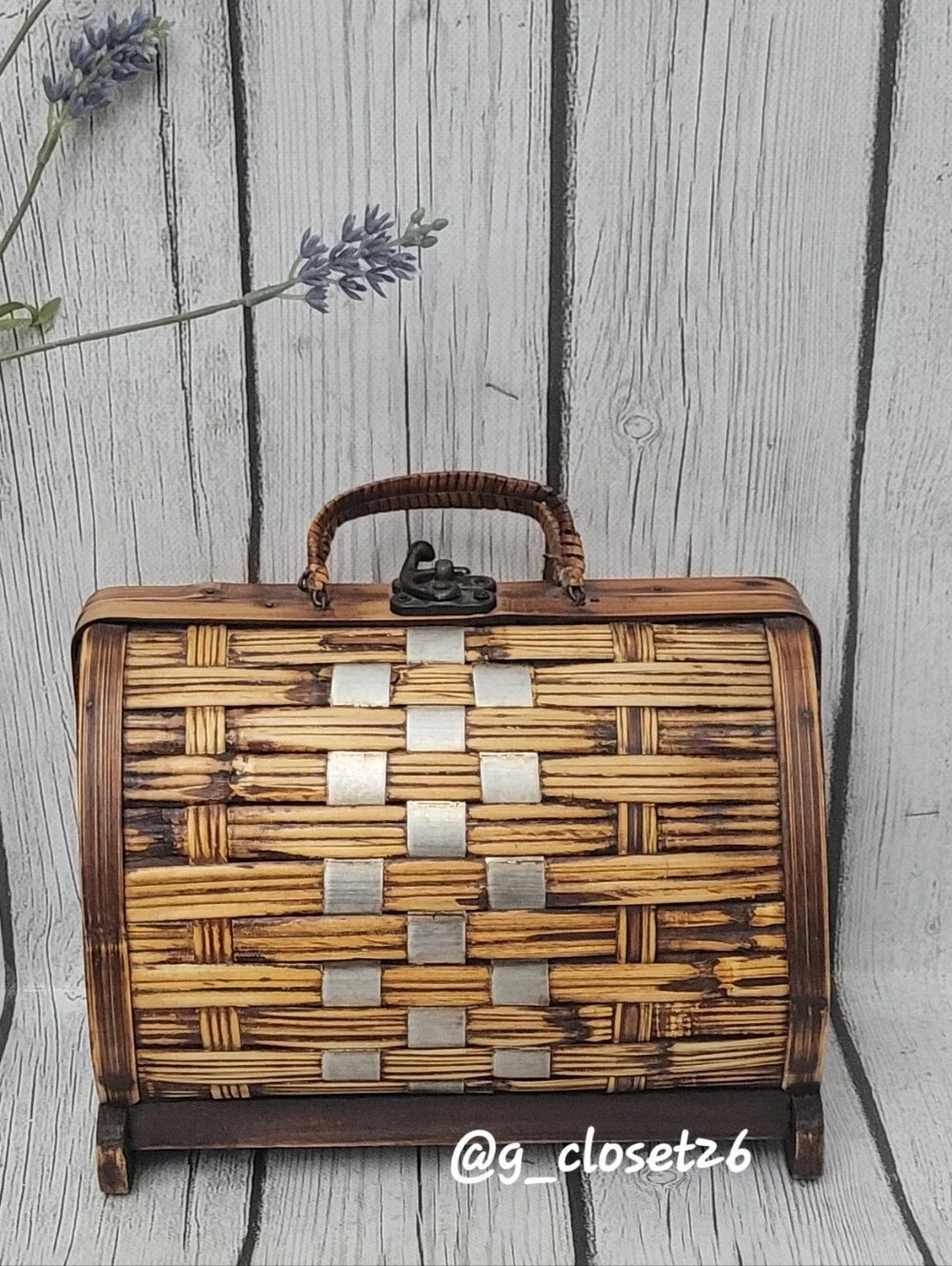 Woven Bamboo Box Purse with Handle - Natural & Silver Metal Accents